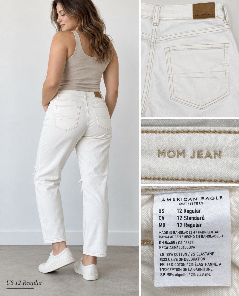 American Eagle Women's Mom Jean Distressed Size 12 Ivory Denim Stretch